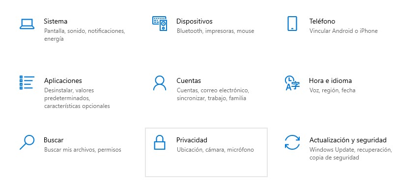 Apartado de privacidad de Windows 10